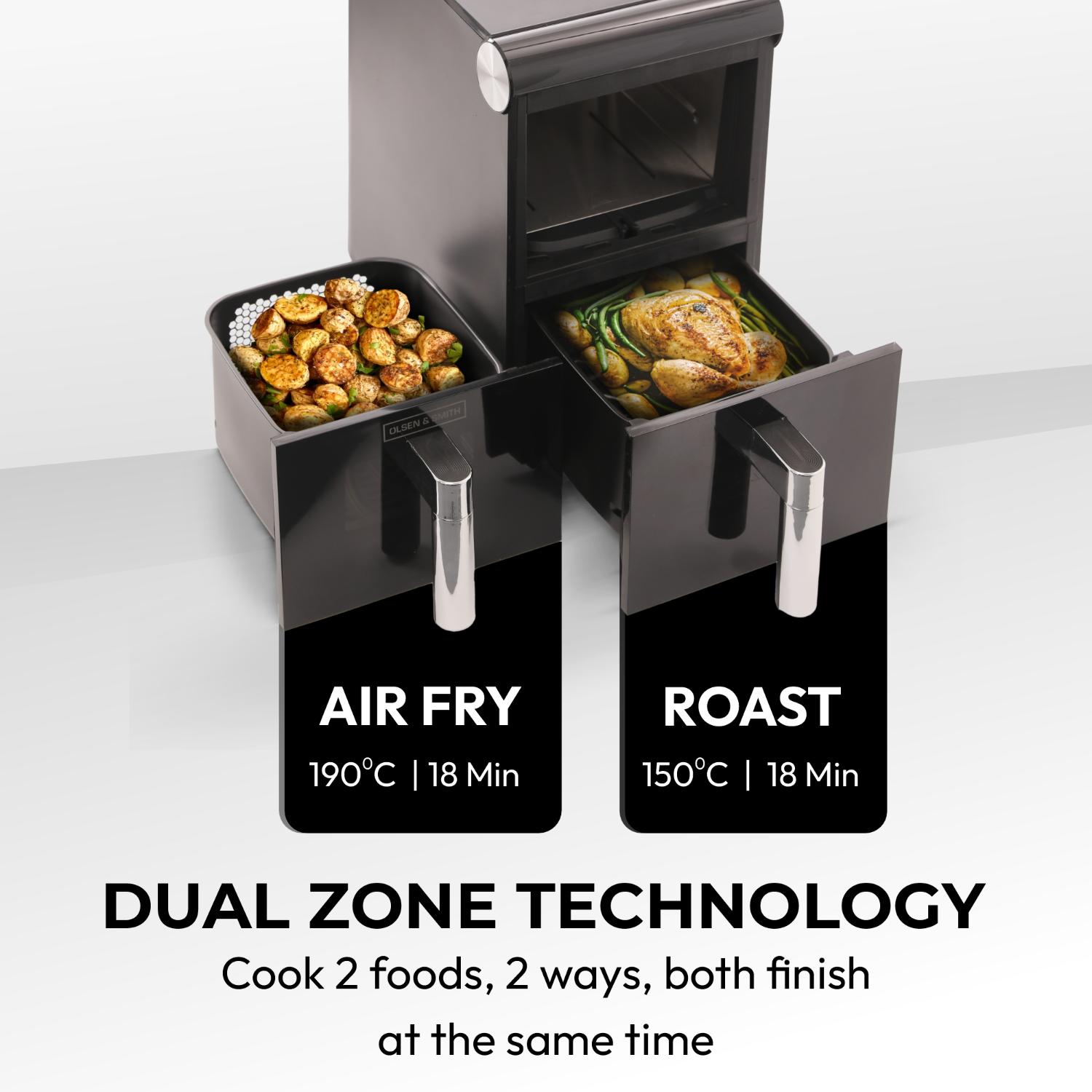 Olsen & Smith Double Stack 2-Drawer Dual Zone 11L Digital Air Fryer – 1700W XL Capacity with Double-Decker Cooking, 13 Preset Modes, Sync & Match Functionality, LED Touch Display, and Viewing Window – Black