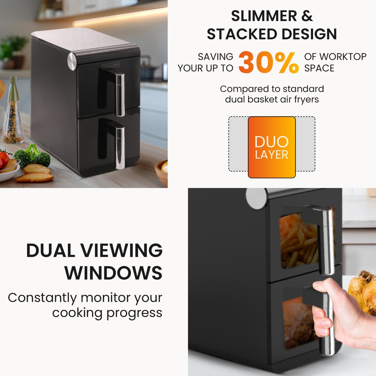 Olsen & Smith Double Stack 2-Drawer Dual Zone 11L Digital Air Fryer – 1700W XL Capacity with Double-Decker Cooking, 13 Preset Modes, Sync & Match Functionality, LED Touch Display, and Viewing Window – Black