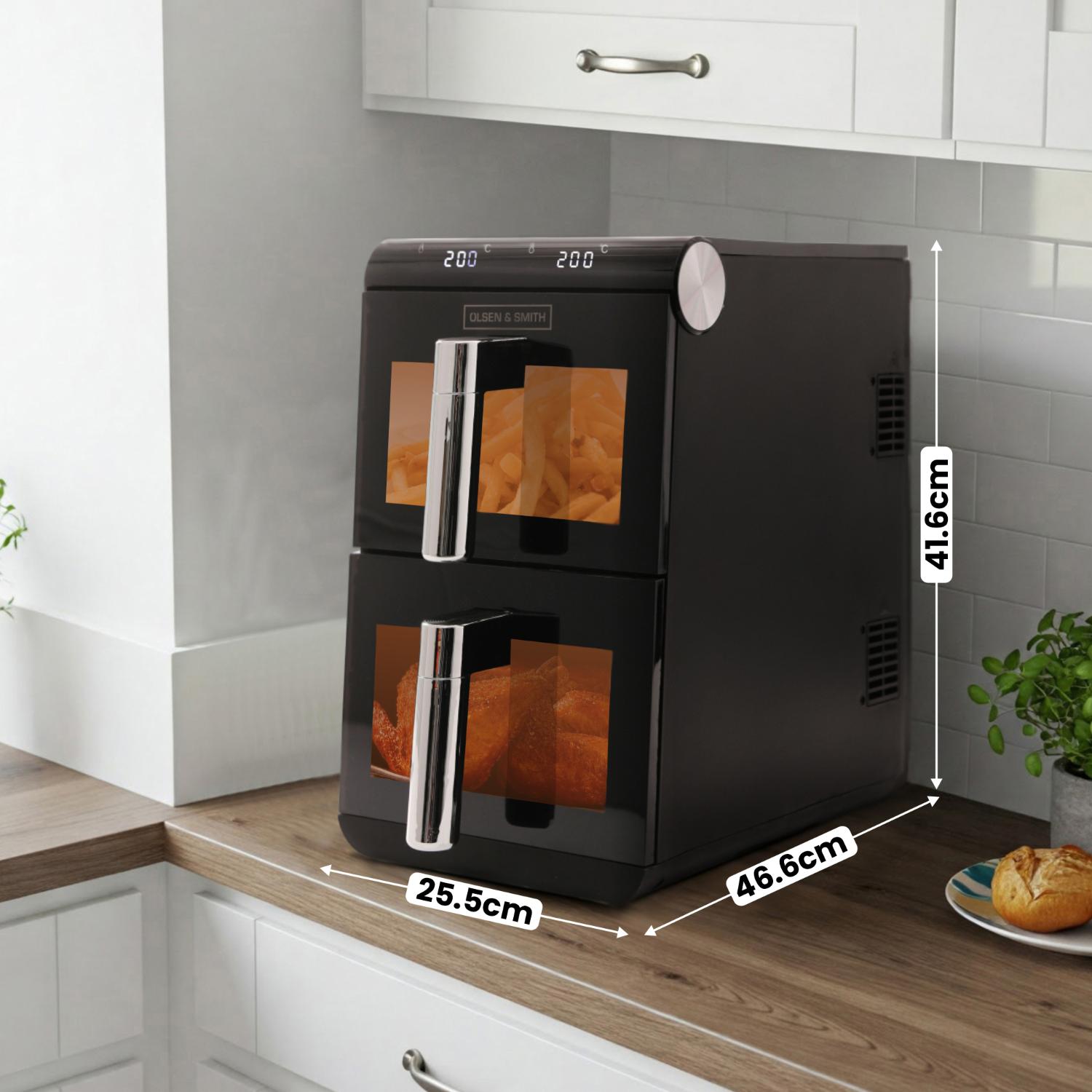 Olsen & Smith Double Stack 2-Drawer Dual Zone 11L Digital Air Fryer – 1700W XL Capacity with Double-Decker Cooking, 13 Preset Modes, Sync & Match Functionality, LED Touch Display, and Viewing Window – Black