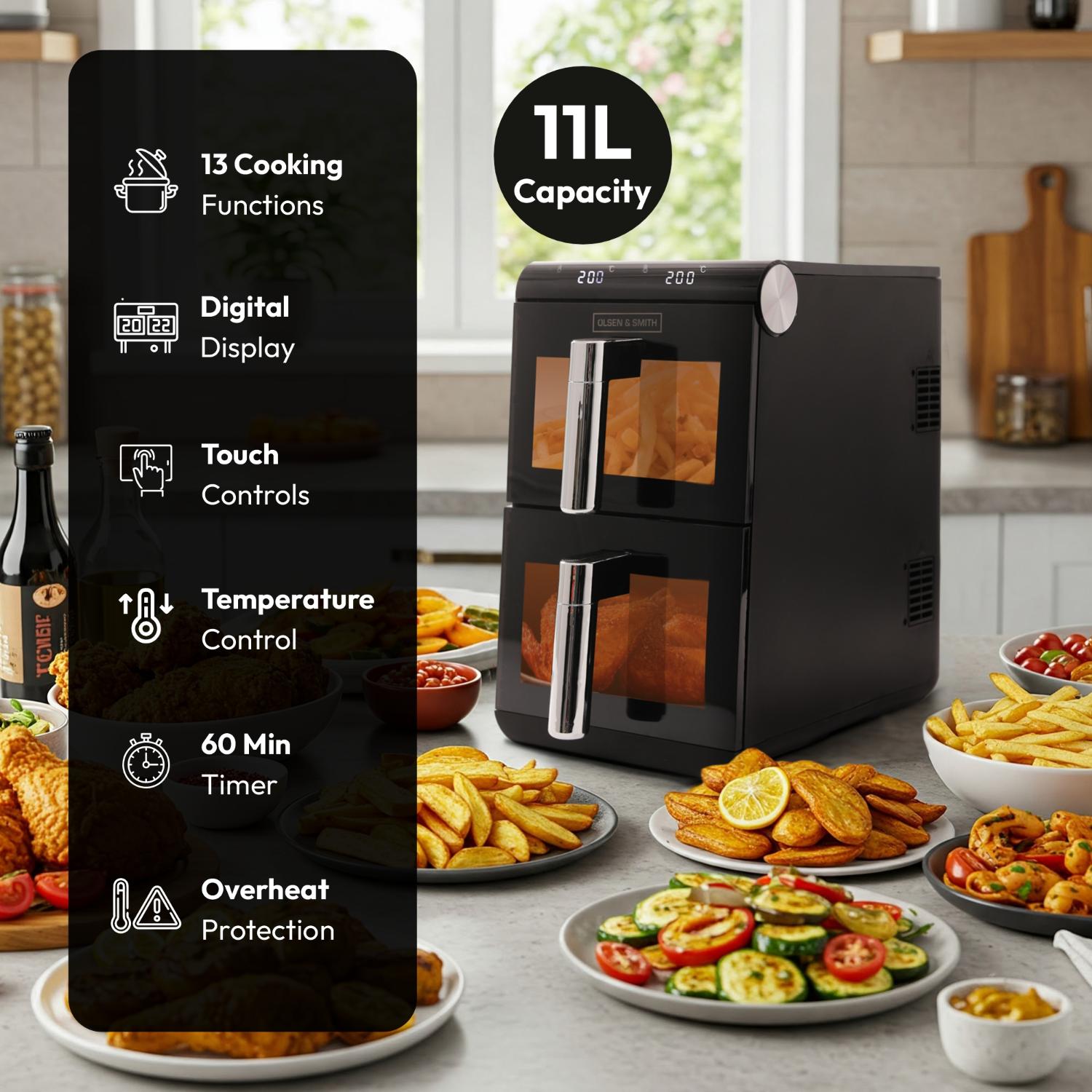 Olsen & Smith Double Stack 2-Drawer Dual Zone 11L Digital Air Fryer – 1700W XL Capacity with Double-Decker Cooking, 13 Preset Modes, Sync & Match Functionality, LED Touch Display, and Viewing Window – Black