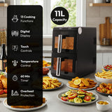 Olsen & Smith Double Stack 2-Drawer Dual Zone 11L Digital Air Fryer – 1700W XL Capacity with Double-Decker Cooking, 13 Preset Modes, Sync & Match Functionality, LED Touch Display, and Viewing Window – Black