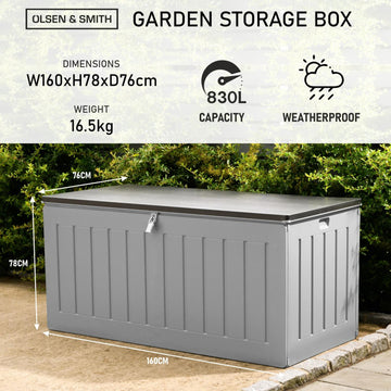 Olsen & Smith 830L MASSIVE Capacity Outdoor Garden Storage Box Plastic Shed - Weatherproof & Sit On with Wood Effect Chest