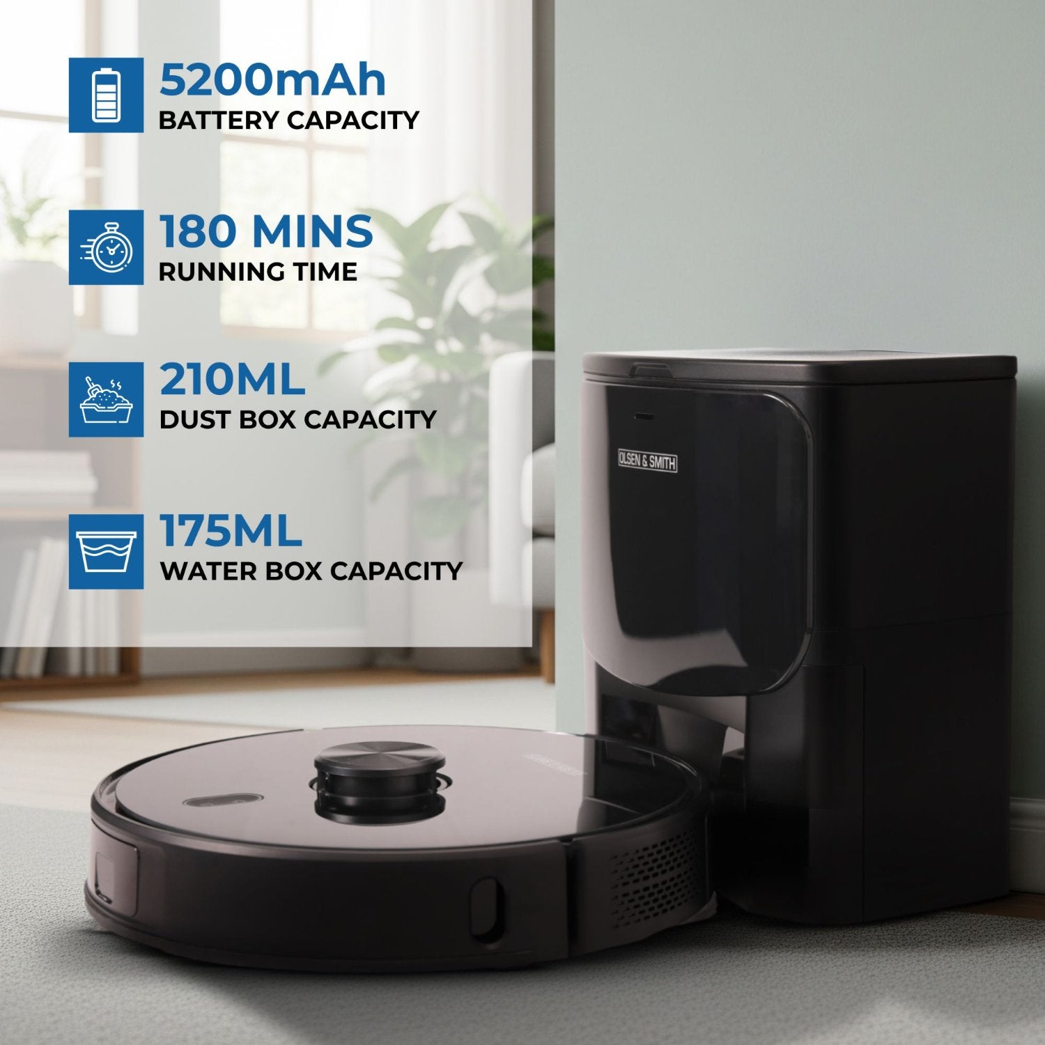 Olsen & Smith Smart Robot Vacuum Cleaner with Mop – 6500Pa Suction, Laser Navigation, Auto Empty, Self-Charging Station, APP & Voice Control – Pet Hair & Hard Floor, Carpet Cleaning