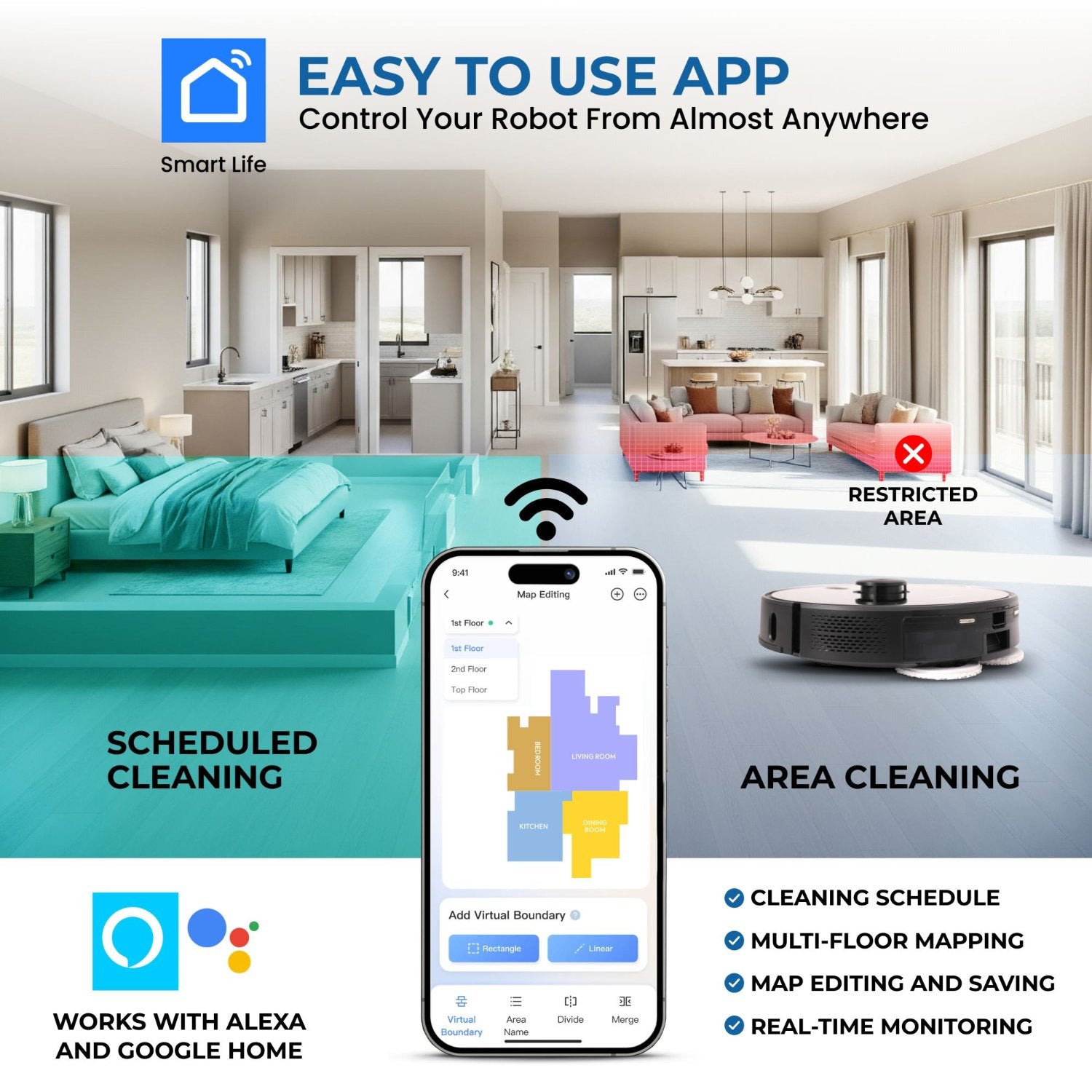 Olsen & Smith Smart Robot Vacuum Cleaner with Mop – 6500Pa Suction, Laser Navigation, Auto Empty, Self-Charging Station, APP & Voice Control – Pet Hair & Hard Floor, Carpet Cleaning