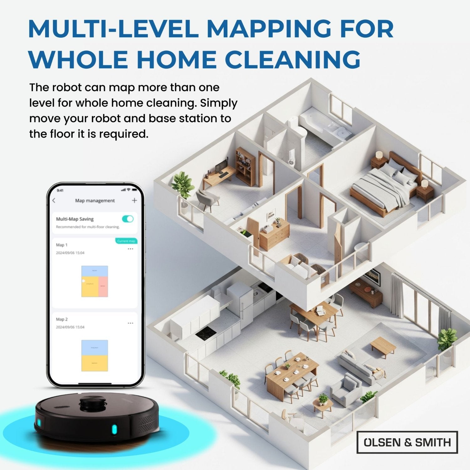 Olsen & Smith Smart Robot Vacuum Cleaner with Mop – 6500Pa Suction, Laser Navigation, Auto Empty, Self-Charging Station, APP & Voice Control – Pet Hair & Hard Floor, Carpet Cleaning