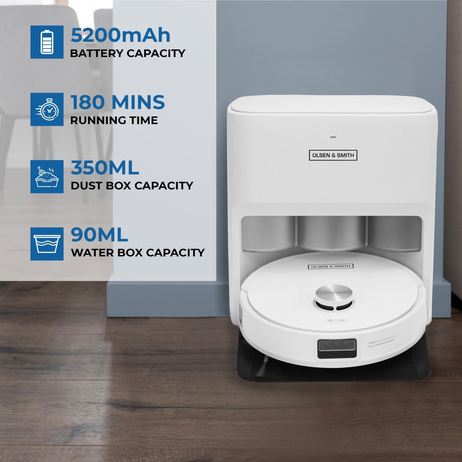 Olsen & Smith Smart Self-Cleaning Robot Vacuum & Mop – 10000Pa Suction, Laser Navigation, Auto Empty & Water Refill, Hot Mop Drying, AI Obstacle Detection, App & Voice Control, 2.5L Self Charging Station