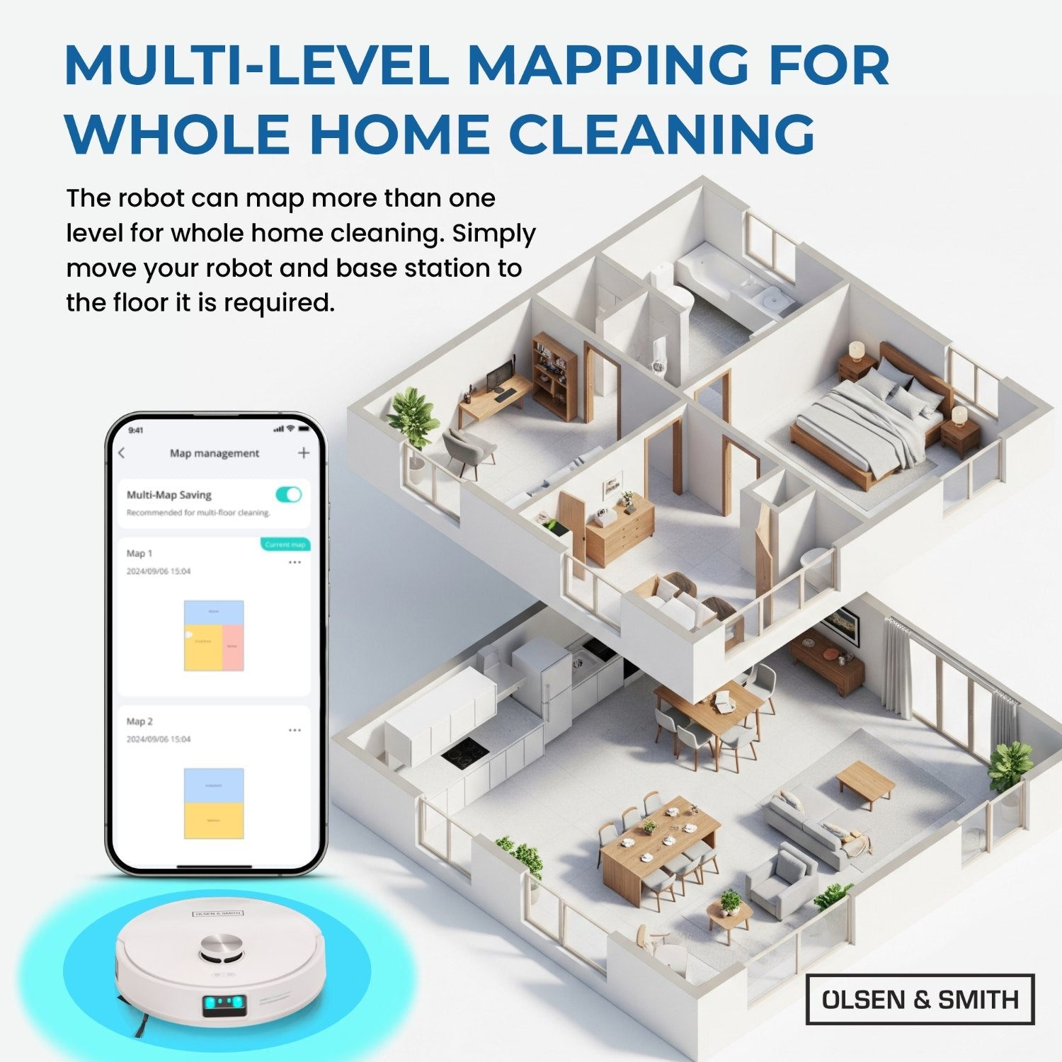 Olsen & Smith Smart Self-Cleaning Robot Vacuum & Mop – 10000Pa Suction, Laser Navigation, Auto Empty & Water Refill, Hot Mop Drying, AI Obstacle Detection, App & Voice Control, 2.5L Self Charging Station