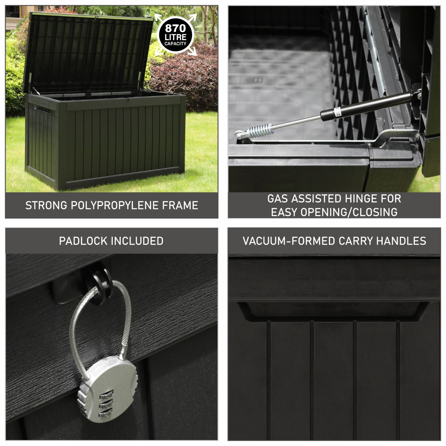 Olsen & Smith 870L Extra Large Outdoor Garden Storage Box – Heavy-Duty Weather-Resistant Wood-Effect Chest with Lock, Gas-Lift Lid & Massive Capacity – Grey