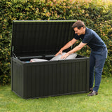 Olsen & Smith 680L Large Outdoor Garden Storage Box – Weather-Resistant Heavy-Duty Plastic Storage Chest with Padlock, Wood-Effect Finish & Gas Lift Lid for Cushions, Tools & Toys (Anthracite Black)