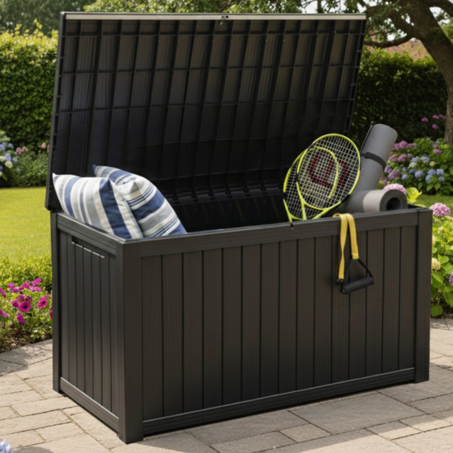 Olsen & Smith 680L Large Outdoor Garden Storage Box – Weather-Resistant Heavy-Duty Plastic Storage Chest with Padlock, Wood-Effect Finish & Gas Lift Lid for Cushions, Tools & Toys (Anthracite Black)
