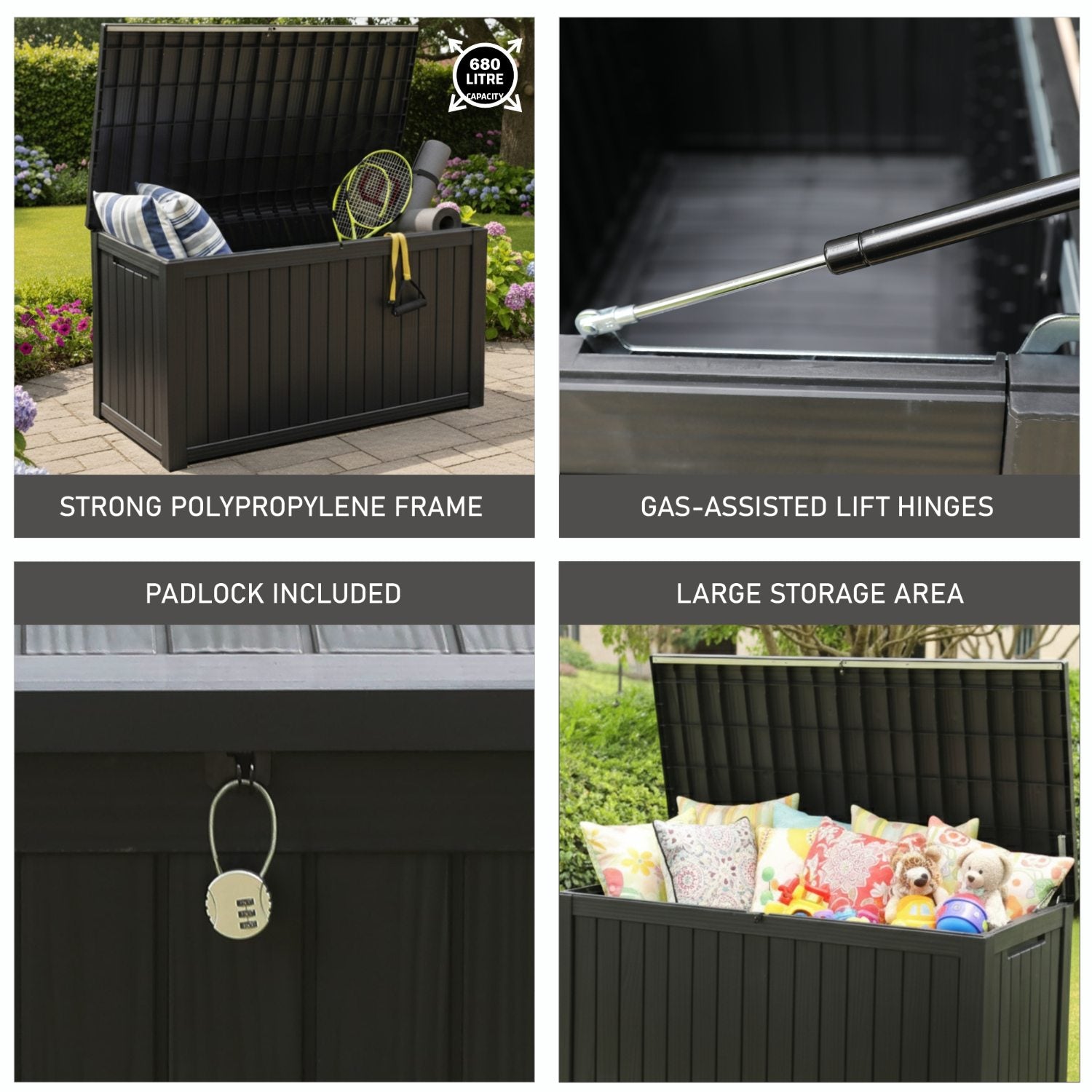 Olsen & Smith 680L Large Outdoor Garden Storage Box – Weather-Resistant Heavy-Duty Plastic Storage Chest with Padlock, Wood-Effect Finish & Gas Lift Lid for Cushions, Tools & Toys (Anthracite Black)