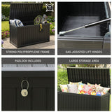 Olsen & Smith 680L Large Outdoor Garden Storage Box – Weather-Resistant Heavy-Duty Plastic Storage Chest with Padlock, Wood-Effect Finish & Gas Lift Lid for Cushions, Tools & Toys (Anthracite Black)