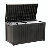 Olsen & Smith 680L Large Outdoor Garden Storage Box – Weather-Resistant Heavy-Duty Plastic Storage Chest with Padlock, Wood-Effect Finish & Gas Lift Lid for Cushions, Tools & Toys (Anthracite Black)