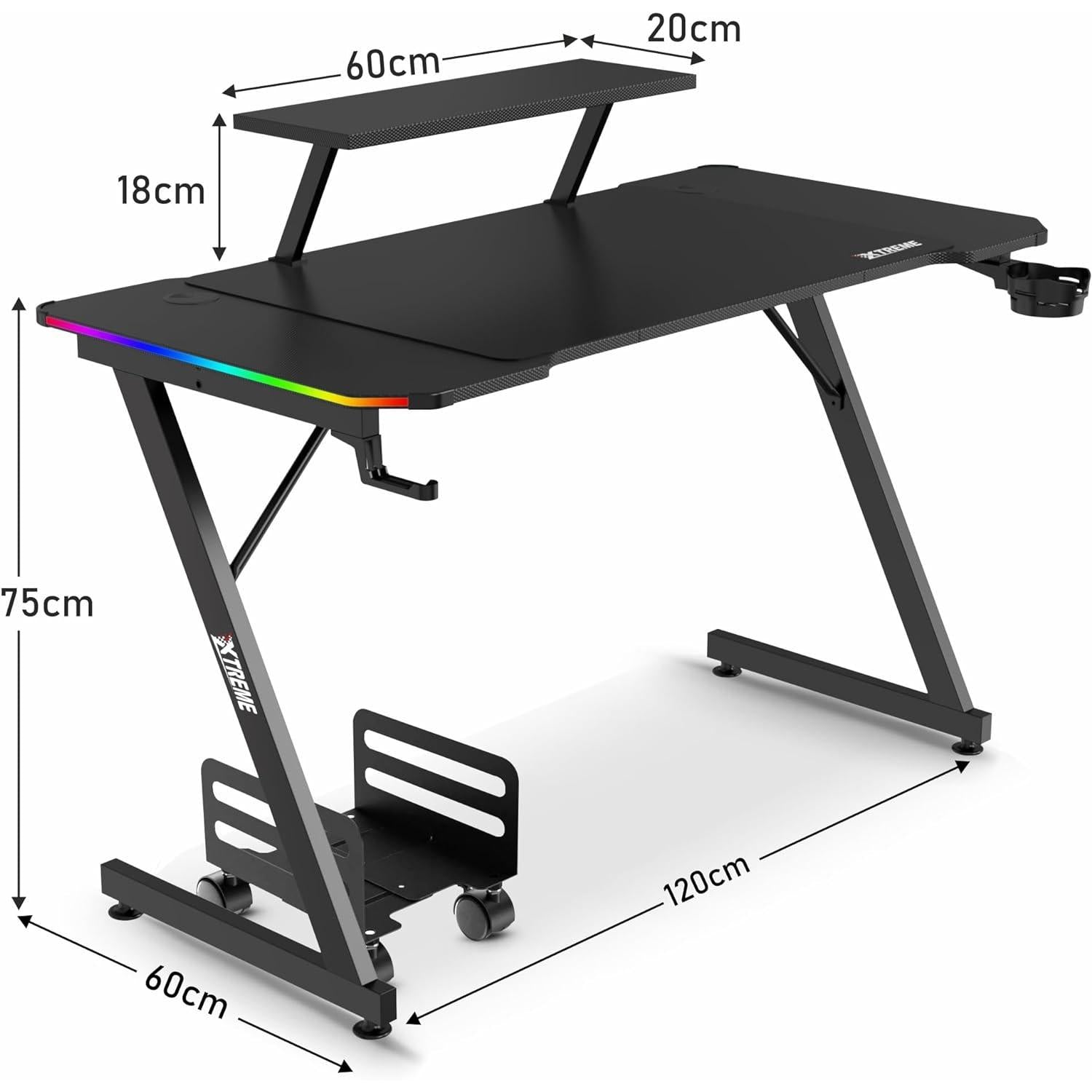 XTREME by O&S Carbon Fibre Effect Z Frame RGB PC Computer Gaming Desk with RGB LED Lights, Monitor Screen Stand, Desktop Tower Stand Trolley, Cable Management, Headset Hook & Drinks Cup Holder, Black