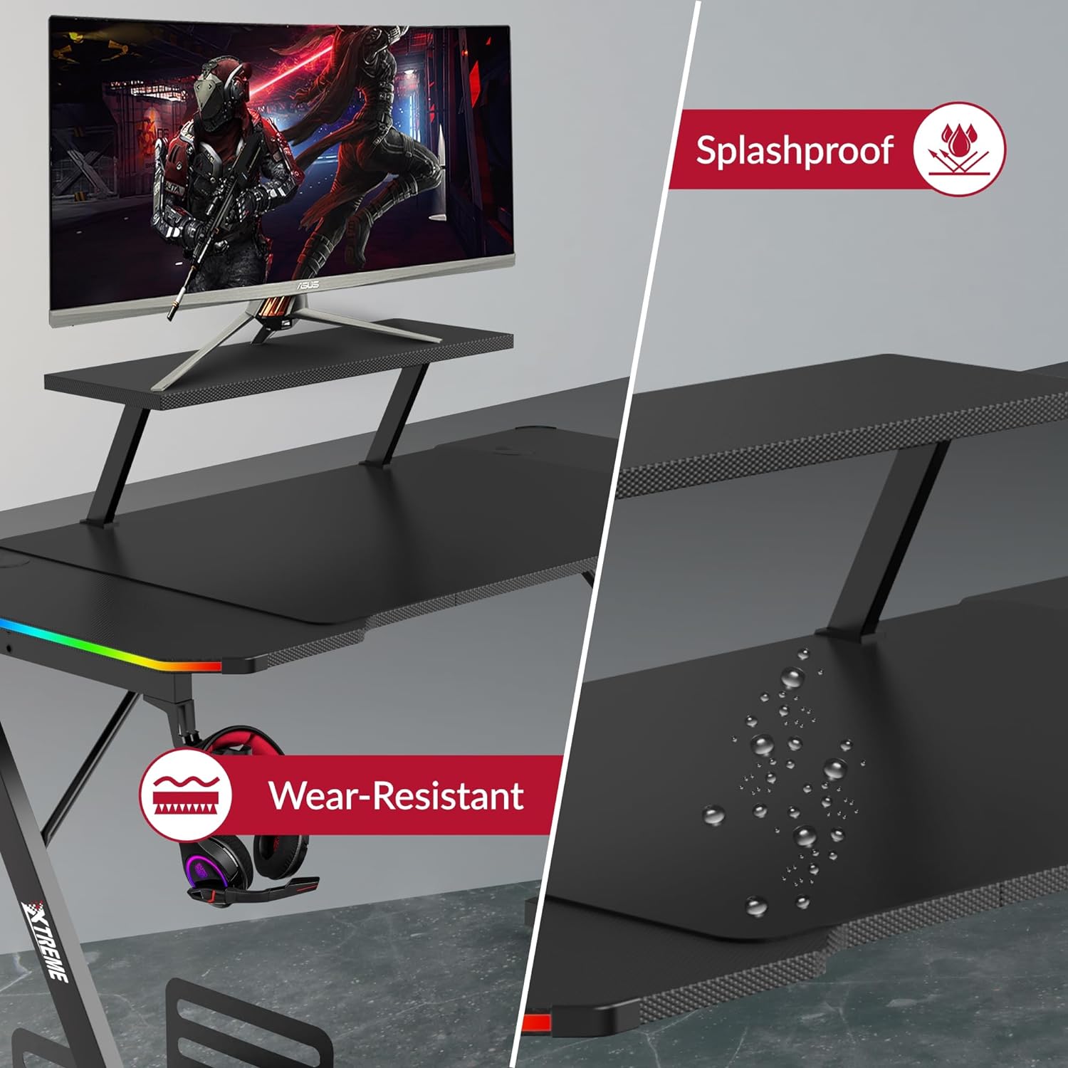 XTREME by O&S Carbon Fibre Effect Z Frame RGB PC Computer Gaming Desk with RGB LED Lights, Monitor Screen Stand, Desktop Tower Stand Trolley, Cable Management, Headset Hook & Drinks Cup Holder, Black