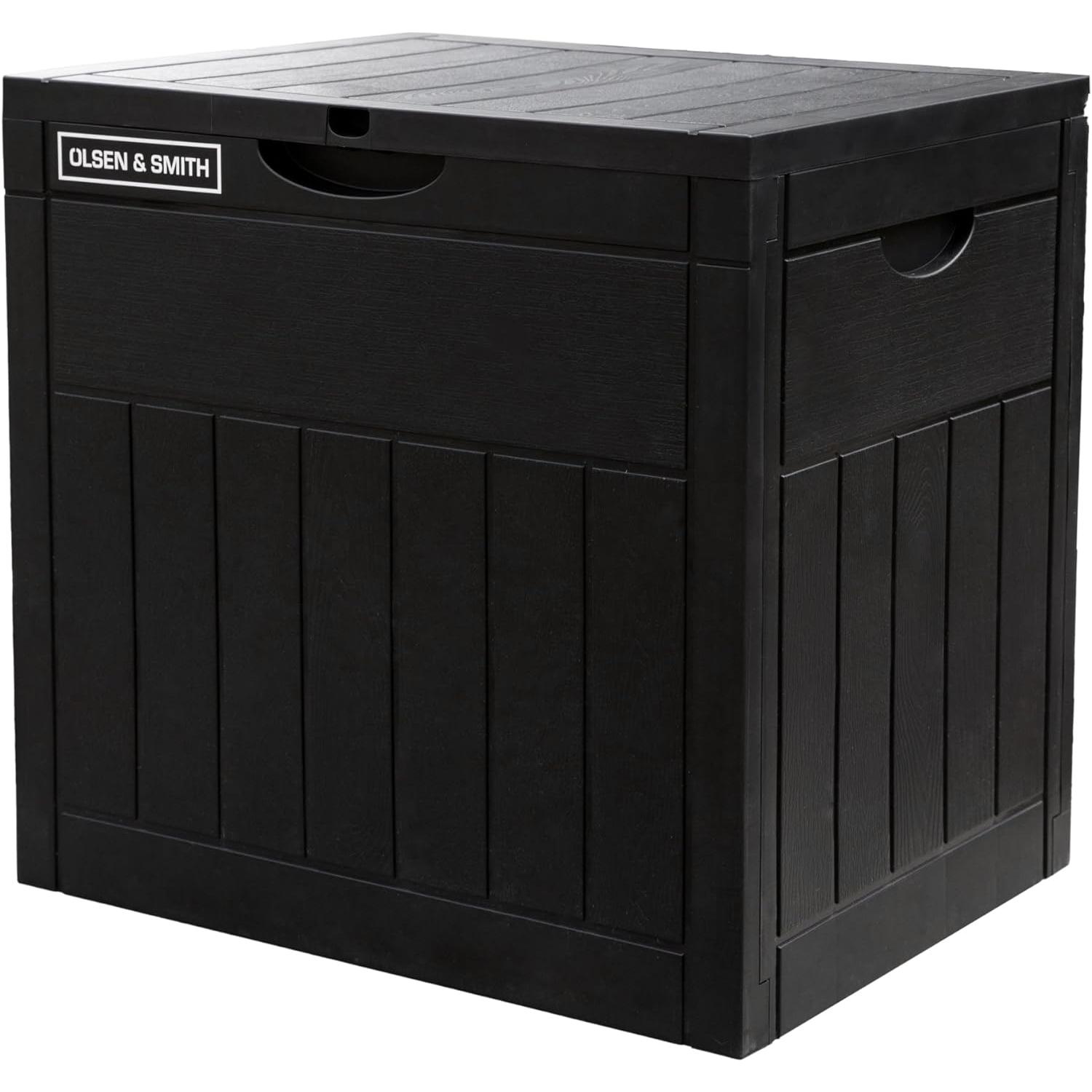 Olsen & Smith 126L Capacity Outdoor Garden Plastic Storage Box Small Balcony Furniture - Lockable with Padlock Lock, Weather Resistant, Wood Panel Look Shed Chest - Packed Direct UK