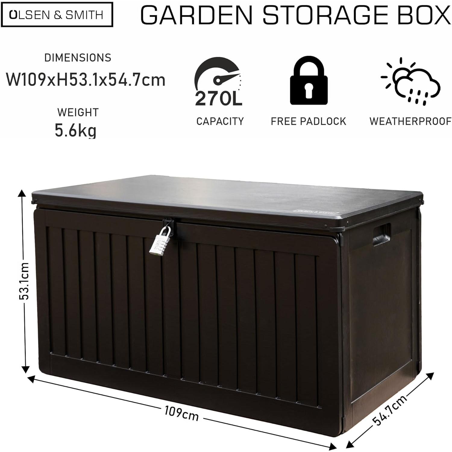 Olsen & Smith 270L MASSIVE Capacity Outdoor Garden Storage Box With Padlock Plastic Shed - Weatherproof & Sit On with Wood Effect Chest (270 Litre, Black) - Packed Direct UK