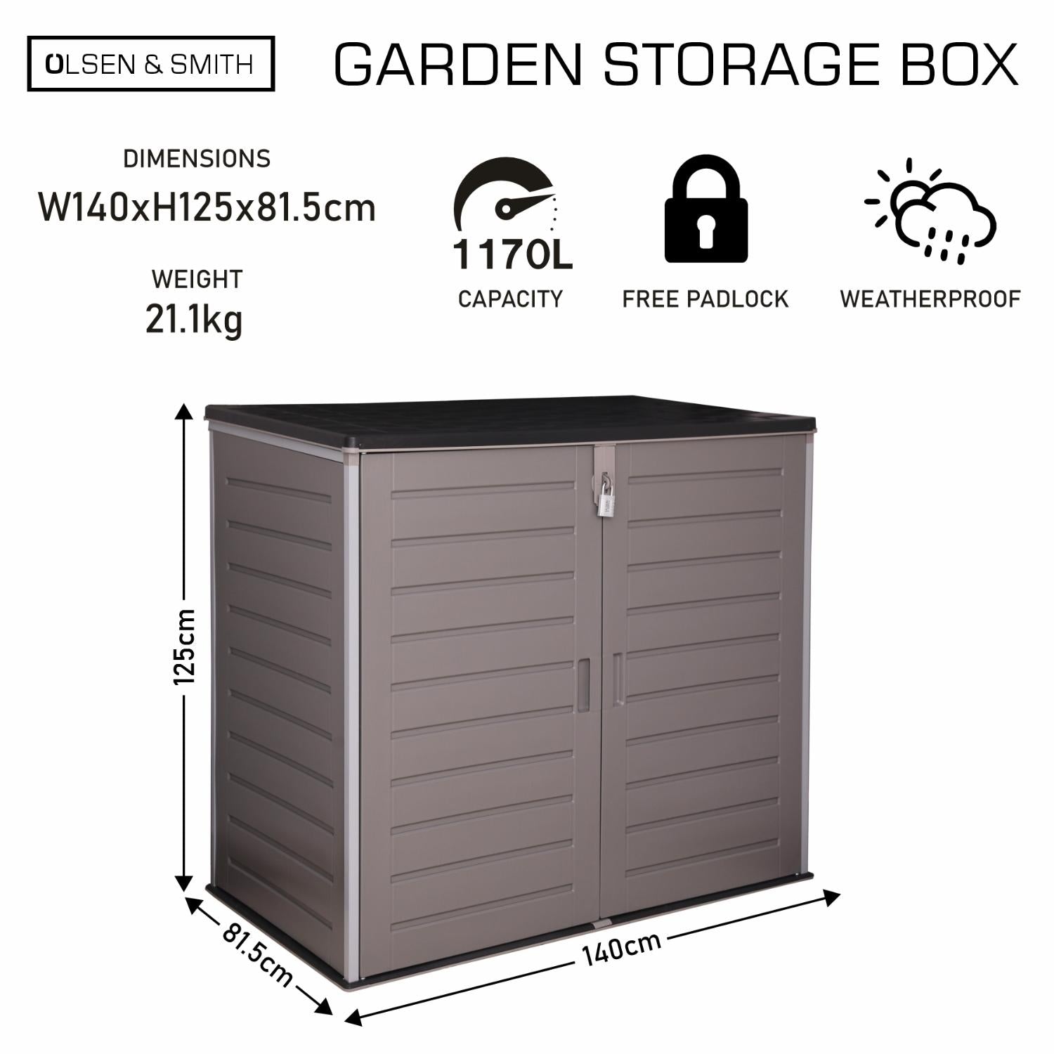 Olsen & Smith MASSIVE Capacity 1170/775L Outdoor Garden Storage Box Plastic Shed Garbage - Weatherproof with Wood Effect (1170/775 Litre, Anthracite) - Packed Direct UK