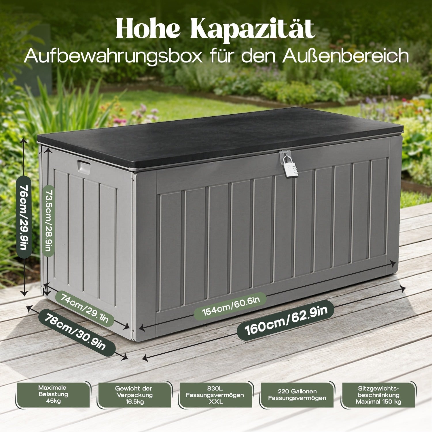 Olsen & Smith 830L Extra große Garten-Aufbewahrungsbox – Wetterfest, A