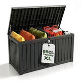 Olsen & Smith 680L Large Outdoor Garden Storage Box – Weather-Resistant Heavy-Duty Plastic Storage Chest with Padlock, Wood-Effect Finish & Gas Lift Lid for Cushions, Tools & Toys (Anthracite Black)