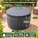 Olsen & Smith 127L Garten-Aufbewahrungsbox in Fassform & Sitzgelegenheit – Runder Terrassentisch, abnehmbarer Deckel, abschließbar, 100 kg Sitzbelastung, 100 % recycelter Kunststoff, Anthrazit