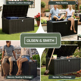 Olsen & Smith 680L Large Outdoor Garden Storage Box – Weather-Resistant Heavy-Duty Plastic Storage Chest with Padlock, Wood-Effect Finish & Gas Lift Lid for Cushions, Tools & Toys (Anthracite Black)