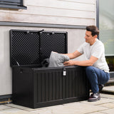 Olsen & Smith Garten-Aufbewahrungsbox für denAußenbereich, 270 l, mitgroßem Fassungsvermögen, mitVorhängeschloss, Kunststoffschuppen–wetterfest und zum Aufstellen,mit Truhe in Holzoptik(270 l, schwarz)