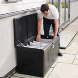 Olsen & Smith Garten-Aufbewahrungsbox für denAußenbereich, 270 l, mitgroßem Fassungsvermögen, mitVorhängeschloss, Kunststoffschuppen–wetterfest und zum Aufstellen,mit Truhe in Holzoptik(270 l, schwarz)