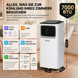 Olsen & Smith Mobile Klimaanlage 7000 BTU – 3-in-1 Klimagerät mit Luftentfeuchter & Ventilator, Abluftschlauch, Fernbedienung, 24h-Timer, Fenster-Set für Räume bis 18 m², Weiß