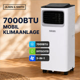 Olsen & Smith Mobile Klimaanlage 7000 BTU – 3-in-1 Klimagerät mit Luftentfeuchter & Ventilator, Abluftschlauch, Fernbedienung, 24h-Timer, Fenster-Set für Räume bis 18 m², Weiß