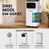 Olsen & Smith Mobile Klimaanlage 9000 BTU – 3-in-1 Klimagerät mit Luftentfeuchter & Ventilator, Abluftschlauch, Fernbedienung, 24h-Timer, Fenster-Set für Räume bis 20 m², Weiß