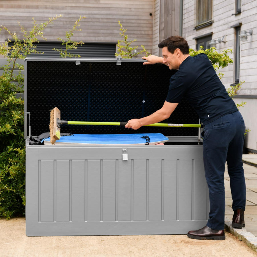 Olsen & Smith Garten-Aufbewahrungsbox 270 L – Wetterfeste Kunststoff-Truhe In Holzoptik, Abschließbar Mit Vorhängeschloss, Für