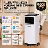 Olsen & Smith Mobile Klimaanlage 9000 BTU – 3-in-1 Klimagerät mit Luftentfeuchter & Ventilator, Abluftschlauch, Fernbedienung, 24h-Timer, Fenster-Set für Räume bis 20 m², Weiß