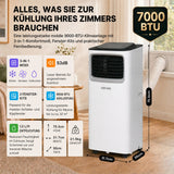 Olsen & Smith Mobile Klimaanlage 7000 BTU – 3-in-1 Klimagerät mit Luftentfeuchter & Ventilator, Abluftschlauch, Fernbedienung, 24h-Timer, Fenster-Set für Räume bis 18 m², Weiß