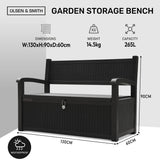 Olsen & Smith 265L Outdoor Garden Storage Bench – Weather-Resistant Rattan Effect Plastic Seat with Lockable Storage Box, Patio Furniture Chest for Tools, Cushions & Toys – Black