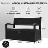 Olsen & Smith 265L Garten-Aufbewahrungsbank für draußen – Wetterfeste Sitzbank aus Kunststoff in Rattanoptik mit abschließbarer Aufbewahrungsbox, Gartenmöbel-Truhe für Werkzeuge, Kissen & Spielzeug – Schwarz