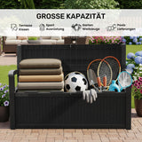 Olsen & Smith 265L Garten-Aufbewahrungsbank für draußen – Wetterfeste Sitzbank aus Kunststoff in Rattanoptik mit abschließbarer Aufbewahrungsbox, Gartenmöbel-Truhe für Werkzeuge, Kissen & Spielzeug – Schwarz
