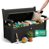 Olsen & Smith 265L Outdoor Garden Storage Bench – Weather-Resistant Rattan Effect Plastic Seat with Lockable Storage Box, Patio Furniture Chest for Tools, Cushions & Toys – Black