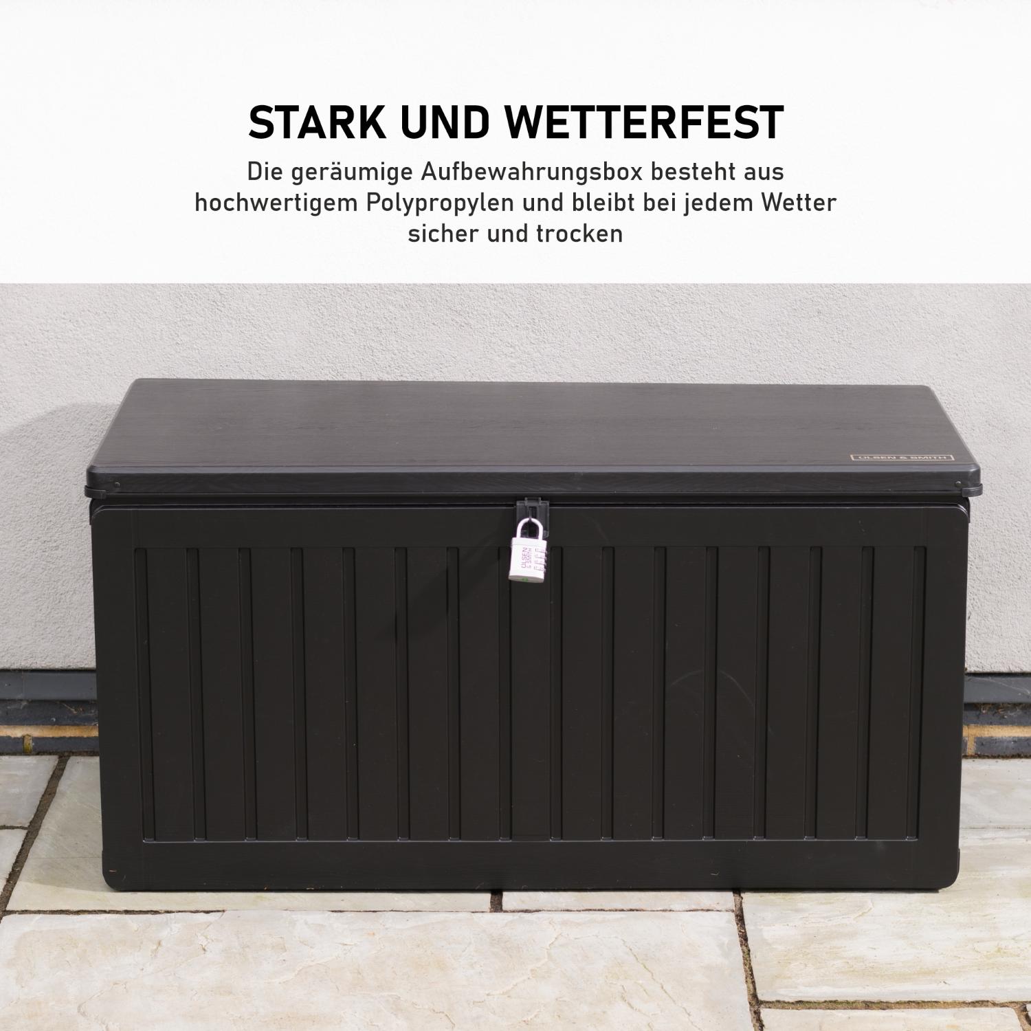 Olsen & Smith Garten-Aufbewahrungsbox 270 L – Wetterfeste Kunststoff-Truhe In Holzoptik, Abschließbar Mit Vorhängeschloss, Für Werkzeug, Kissen & Gartenzubehör