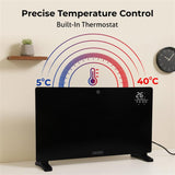 Black electric heater with digital display and temperature control features on a neutral background.
