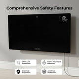 Black electronic device with digital display on a white wall, featuring safety feature icons.