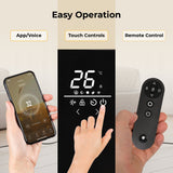 Thermostat with smartphone app, touch control panel, and remote control for easy operation.