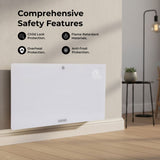 Modern electric wall-mounted heater with safety features listed on a neutral background