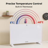 White electric heater with temperature display and control, featuring a built-in thermostat.