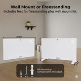 White panel with mounting options for wall or freestanding installation, including dimensions and accessories.