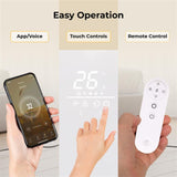 Three methods of operation displayed on a screen with smartphone, touch control panel, and remote control.