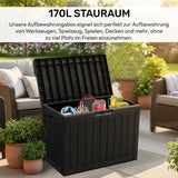Olsen & Smith 170L Garten-Aufbewahrungsbox für den Außenbereich – Abschließbare Kunststofftruhe mit Holzoptik-Paneelen, wetterfeste Terrassen-Aufbewahrung für Werkzeuge, Spielzeug & Kissen – Schwarz