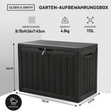 Olsen & Smith 170L Garten-Aufbewahrungsbox für den Außenbereich – Abschließbare Kunststofftruhe mit Holzoptik-Paneelen, wetterfeste Terrassen-Aufbewahrung für Werkzeuge, Spielzeug & Kissen – Schwarz
