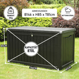 Olsen & Smith 870L Extra Große Garten-Aufbewahrungsbox – Schwerlast, Wetterbeständige Truhe in Holzoptik mit Schloss, Gasdruckfeder-Deckel & Riesigem Fassungsvermögen – Grau