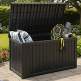 Olsen & Smith 680L Large Outdoor Garden Storage Box – Weather-Resistant Heavy-Duty Plastic Storage Chest with Padlock, Wood-Effect Finish & Gas Lift Lid for Cushions, Tools & Toys (Anthracite Black)